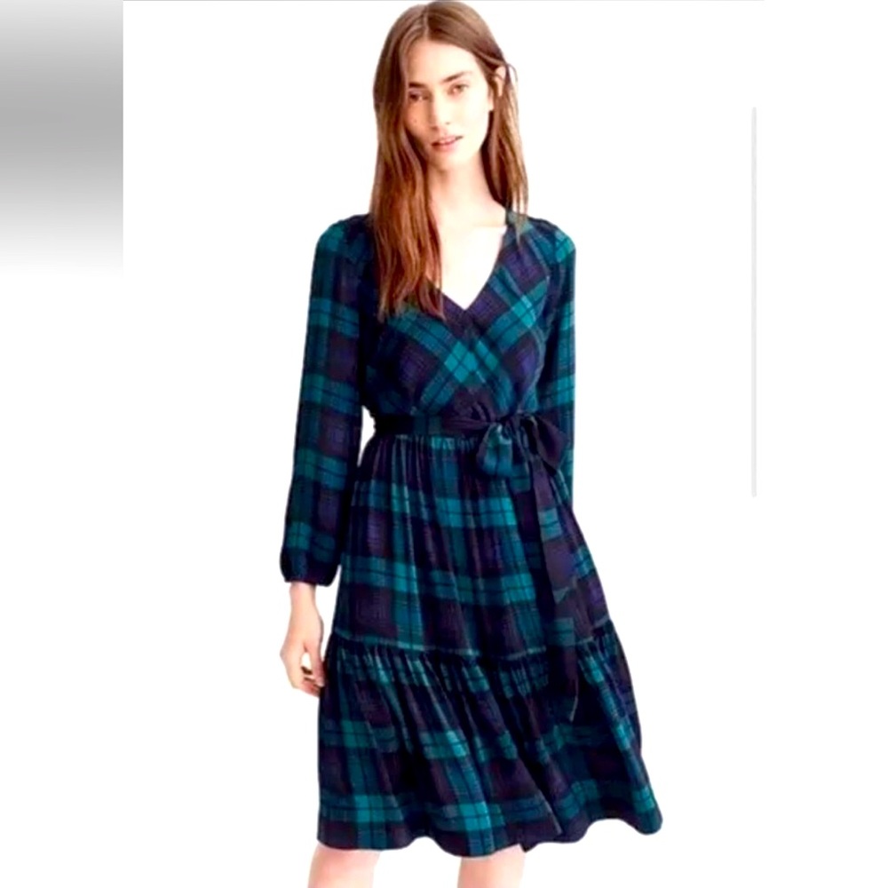J. Crew Drapey Long Sleeve Black Watch Plaid Dress Size 0